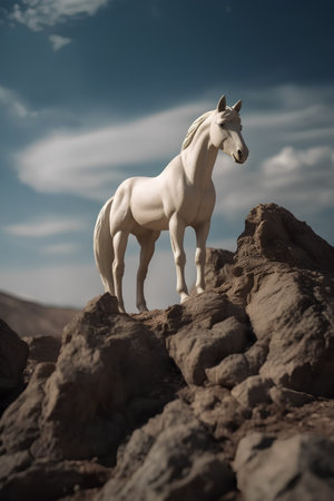 White horse standing on the rock over blue sky background. 3d renderingの素材