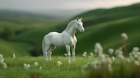 White horse on the green meadow in the spring. 3d renderの素材