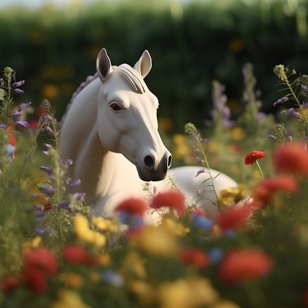 White horse in the meadow with colorful flowers, close-upの素材