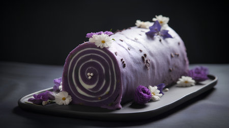 Delicious roll cake with violet icing and flowers on a black backgroundの素材
