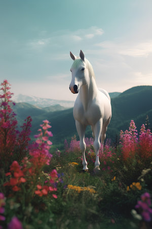 White horse on a meadow in the mountains. 3d renderingの素材