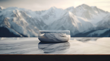 Empty glass bowlle table in front of snowy mountains. 3D Renderingの素材