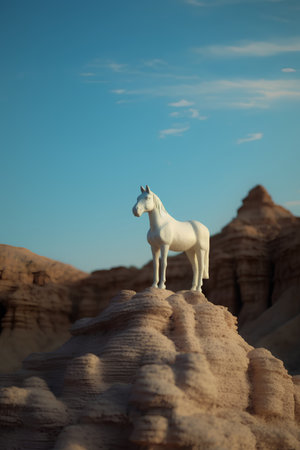 White horse in the desert of Egypt. 3d rendering. Computer digital drawing.の素材