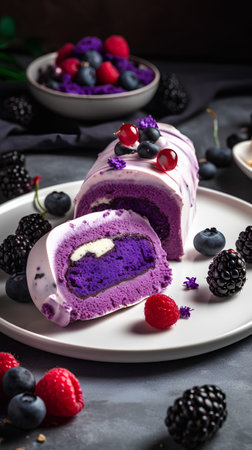 Homemade blueberry and blackberry roll cake with fresh berries on dark backgroundの素材