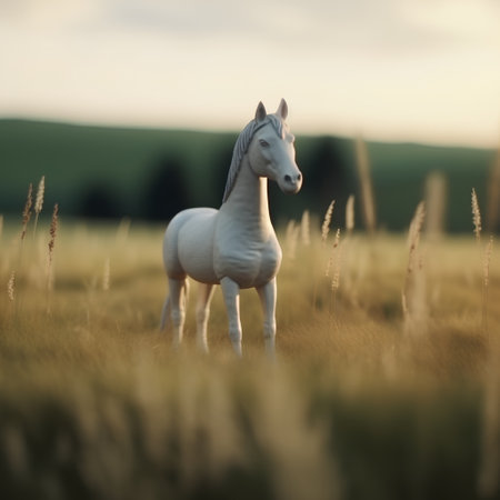 Beautiful white arabian stallion in meadow at sunsetの素材