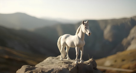 White horse standing on a rock in the mountains at sunset, close-upの素材