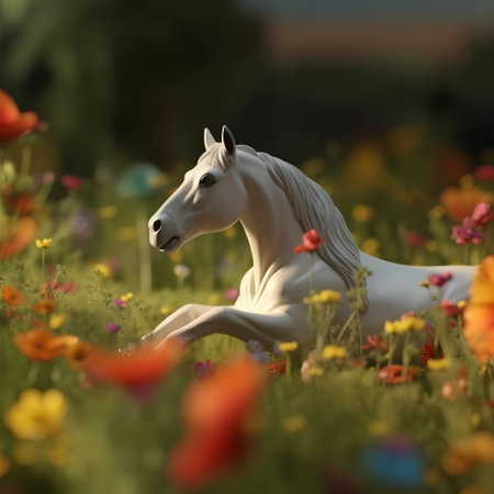 White horse in the meadow with flowers, 3d render.の素材