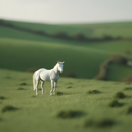 A white horse standing on a green grassy field in the yorkshire woldsの素材