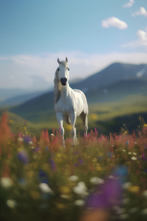 White horse in the meadow with flowers in the mountains at sunsetの素材