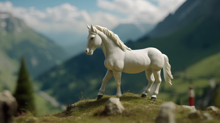 White horse on a green meadow against the background of the mountainsの素材