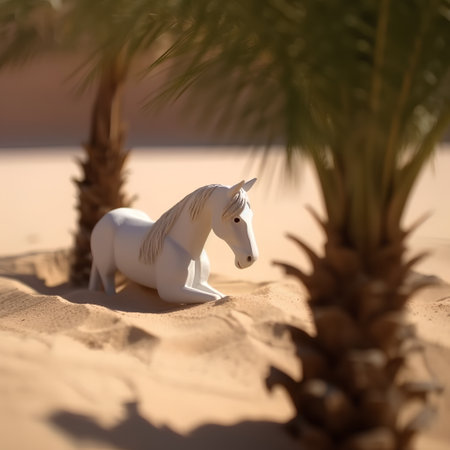 White horse in the desert with palm trees and sand dunes.の素材