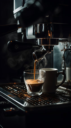 Professional coffee machine making cappuccino or espresso in glass cupの素材