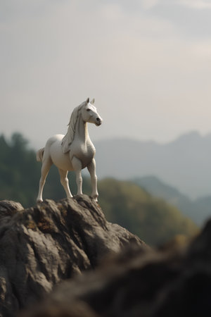 White horse standing on a rock in the mountains. Beautiful landscape.の素材