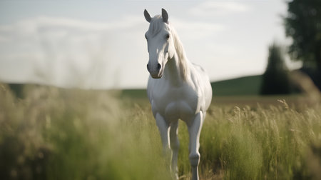 Beautiful white stallion standing in the meadow at sunset.の素材