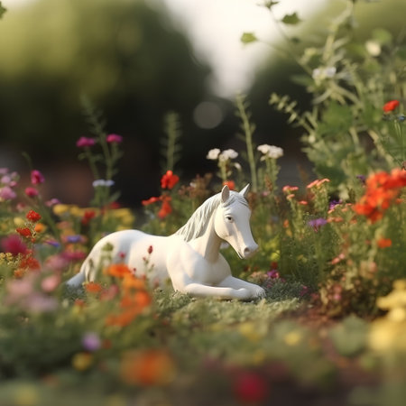 White horse in the meadow with flowers, shallow depth of fieldの素材