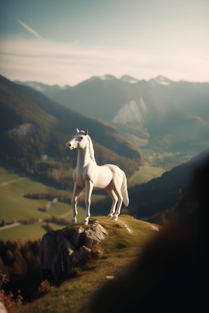 White horse standing on top of a mountain with beautiful landscape in the backgroundの素材
