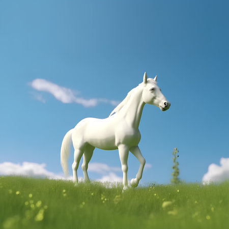 White horse on a green meadow with blue sky and white cloudsの素材