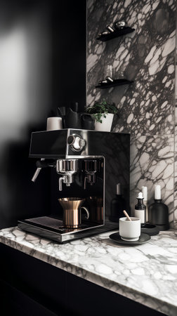 Modern coffee machine in black and white kitchen interior. 3d renderの素材