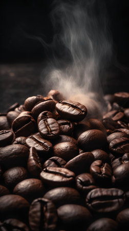 roasted coffee beans with smoke on dark background, vintage tonedの素材