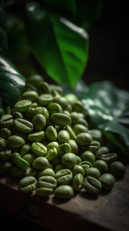 Coffee beans on wooden table with green leaves in background.の素材