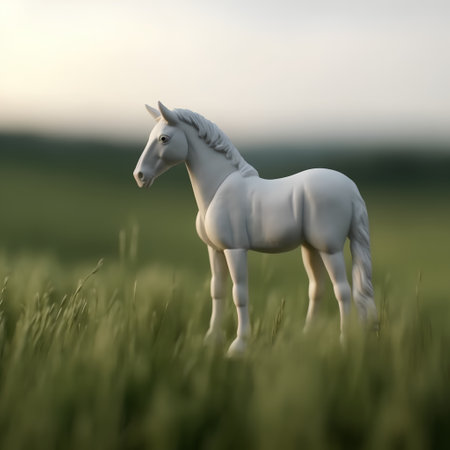 White horse in the green meadow at sunset, soft focus.の素材