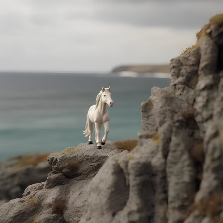 White horse standing on a cliff with the ocean in the background.の素材