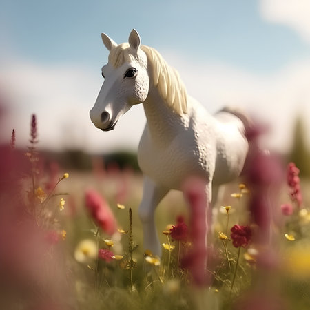 White horse in a meadow of wildflowers on a sunny dayの素材