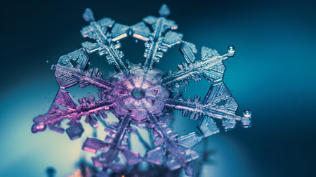 Macro closeup of beautiful snowflake on blue background, 3d renderingの素材