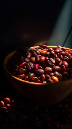 Coffee beans in a wooden bowl on a dark background.の素材