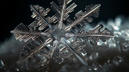 Macro photo of a snowflake on a black background. Shallow depth of field.の素材