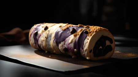 Blueberry strudel on a black background. Toned.の素材