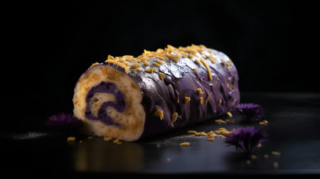 Cake roll with chocolate glaze and purple flowers on a black backgroundの素材