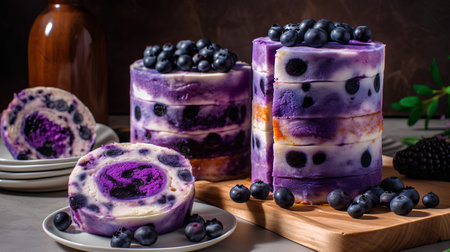 Blueberry cheesecake with fresh blueberries on a wooden background.の素材