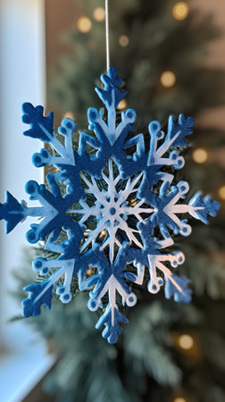 Christmas tree decoration with blue snowflakes on a blurred background.の素材