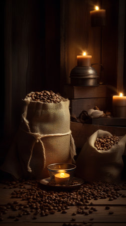 coffee beans in a sack on a wooden table with candles in the backgroundの素材
