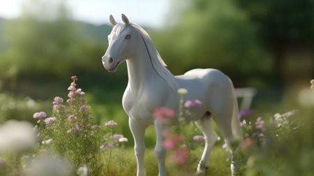 White arabian stallion standing in a field of flowers.の素材