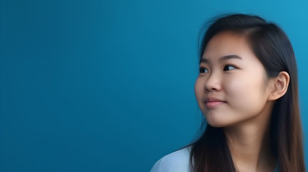 Portrait of a beautiful asian woman on blue background with copy spaceの素材