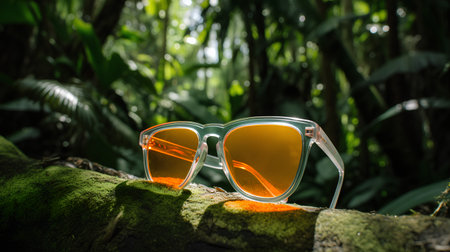 Sunglasses with orange lenses in the forest. Selective focus.の素材