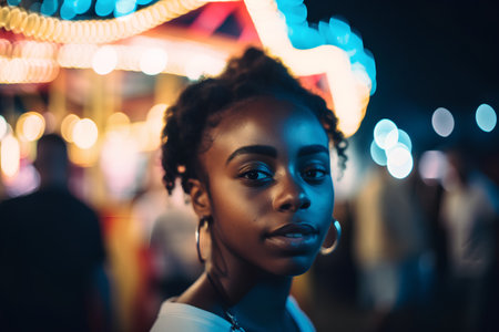 Portrait of a beautiful african american woman at the amusement parkの素材