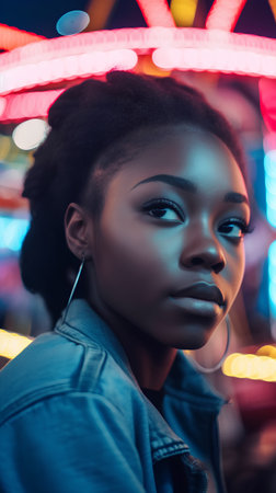 Beautiful african american young woman at night in the cityの素材