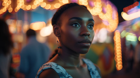 Portrait of young african american woman at night market.の素材