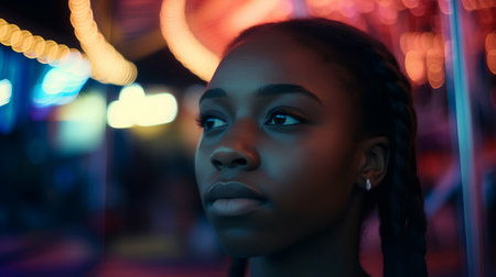 Portrait of beautiful african american woman in neon lights.の素材
