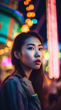 Beautiful asian woman in the amusement park at night with bokeh backgroundの素材