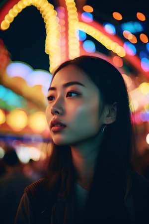 Portrait of a beautiful young asian woman in city at nightの素材
