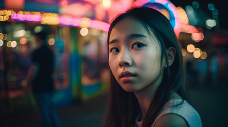 Portrait of beautiful asian woman in the city at night.の素材