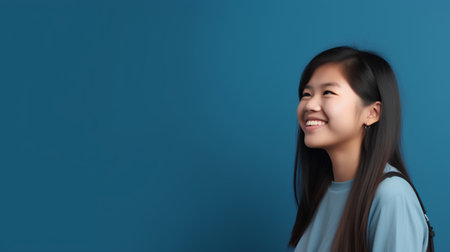 Portrait of a smiling asian girl with backpack on blue backgroundの素材