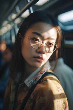 Portrait of a beautiful asian woman wearing eyeglasses in trainの素材
