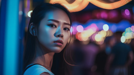 Beautiful asian woman in a night club. Bokeh background.の素材
