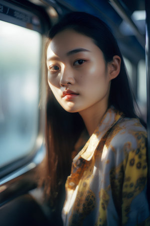 Portrait of a beautiful young asian woman traveling by train.の素材