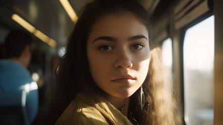 Portrait of a beautiful girl in a train. Toned.の素材